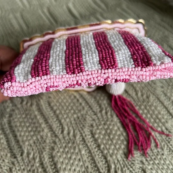 India Handmade Pink Beaded Cocktail Pouch with Tassel - Picture 7 of 9